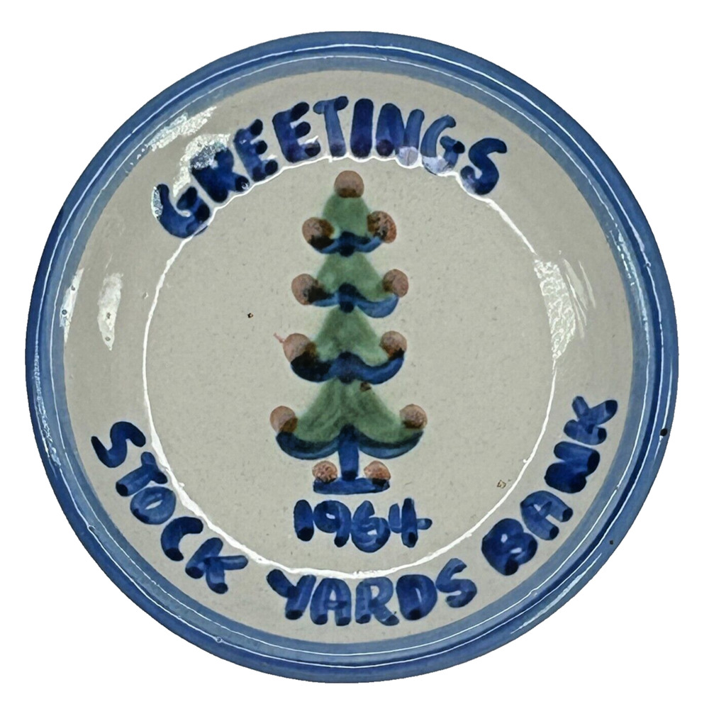 M A Hadley Pottery Greetings 1964 STOCK YARDS BANK 4" Coaster Christmas Tree